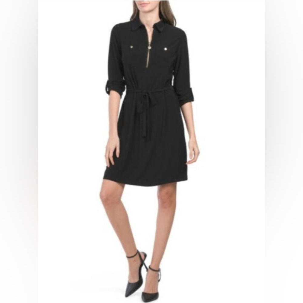 Anne Klein Marcia Shirt Collar Roll Sleeve Dress Black Size 2 Gold Details